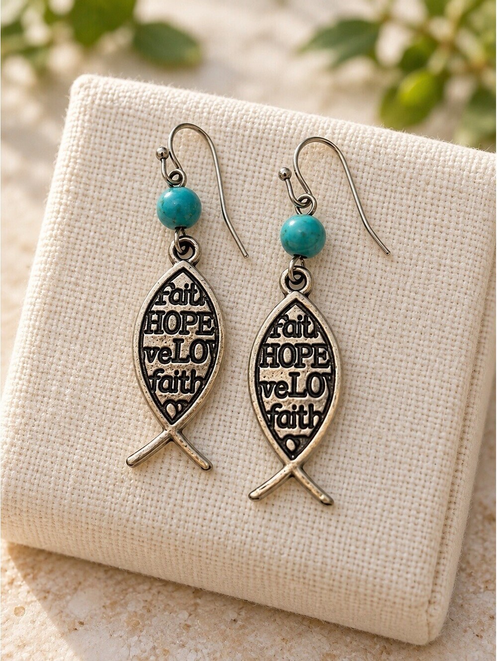 Faith Hope Love Fish Dangle Earrings Turquoise Color Beads Silver Tone 1.5”